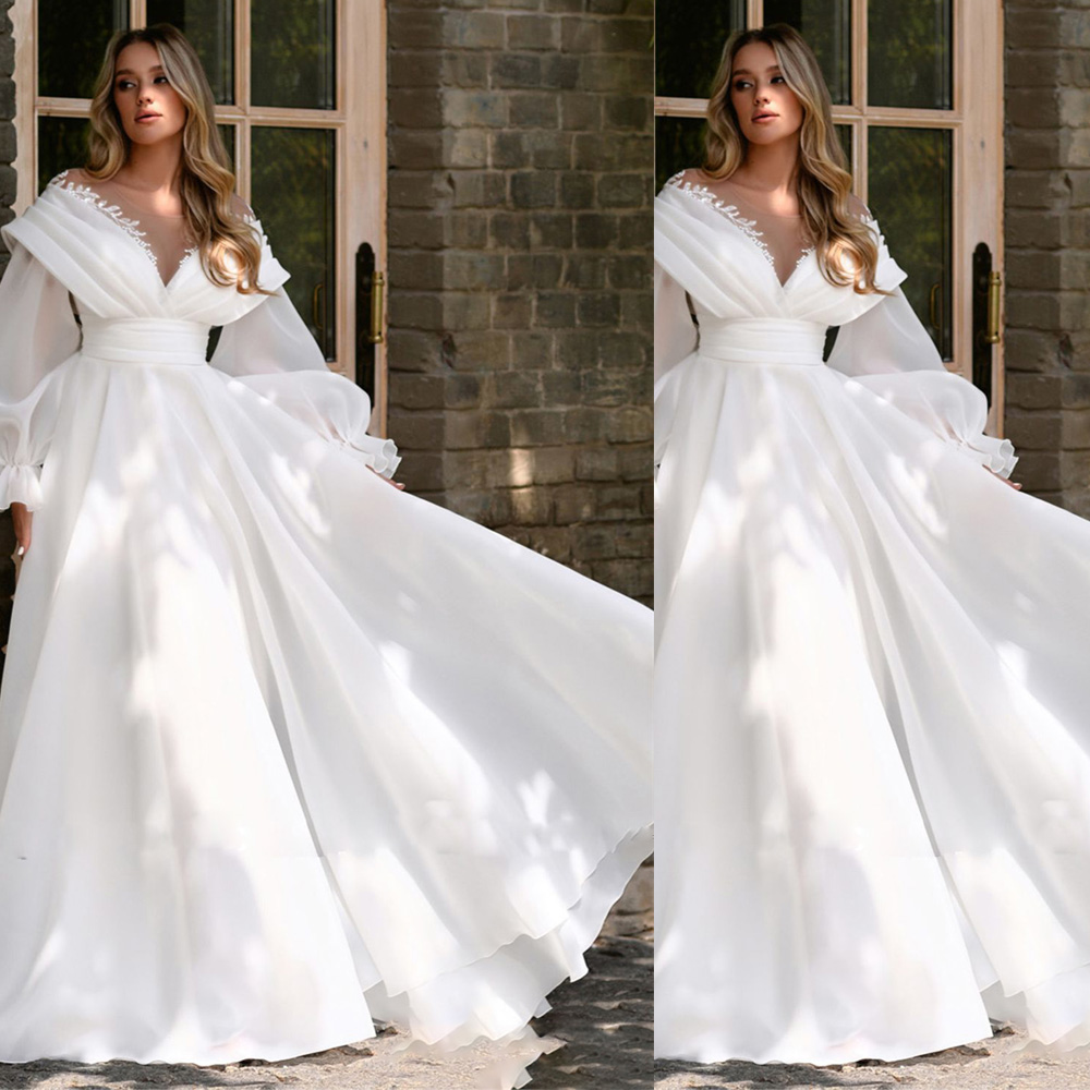 Modern Sheer Neck A Line Wedding Dresses Puffy Sleeve Bead Organza Bridal Gown Button Back Boho robe de mariee