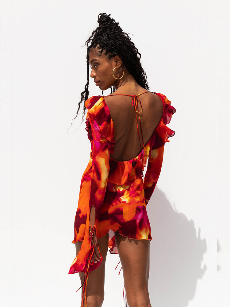 Urban Sexy Dresses Fashion Y2K Style Tie Dye Sexy Deep V Neck Ruffle Mini Dress Summer Women Outfits Dresses With Long Sleeves Vestidos A2565 230706