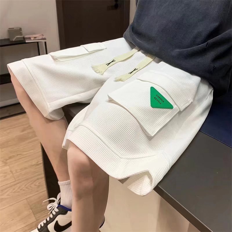 Men's Shorts Summer Waffle Men's Cargo Shorts Summer Multi-pocket Drawstring Short Pants Casual Solid Color Elastic Waist Shorts for Men 230