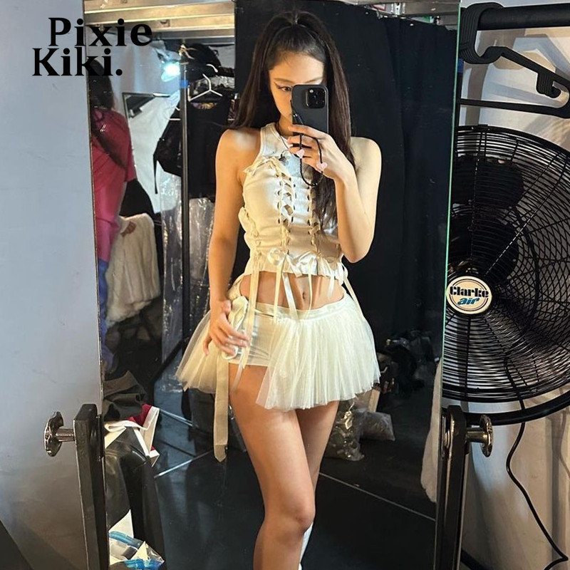 Women's Tanks Camis PixieKiki Y2k Fairy Aesthetic Bow Lace Up Hollow Out Ribbed Crop Tops White Summer Sexy Tank Top for Women Summer P33-BC10 23