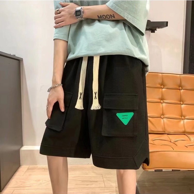 Men's Shorts Summer Waffle Men's Cargo Shorts Summer Multi-pocket Drawstring Short Pants Casual Solid Color Elastic Waist Shorts for Men 230