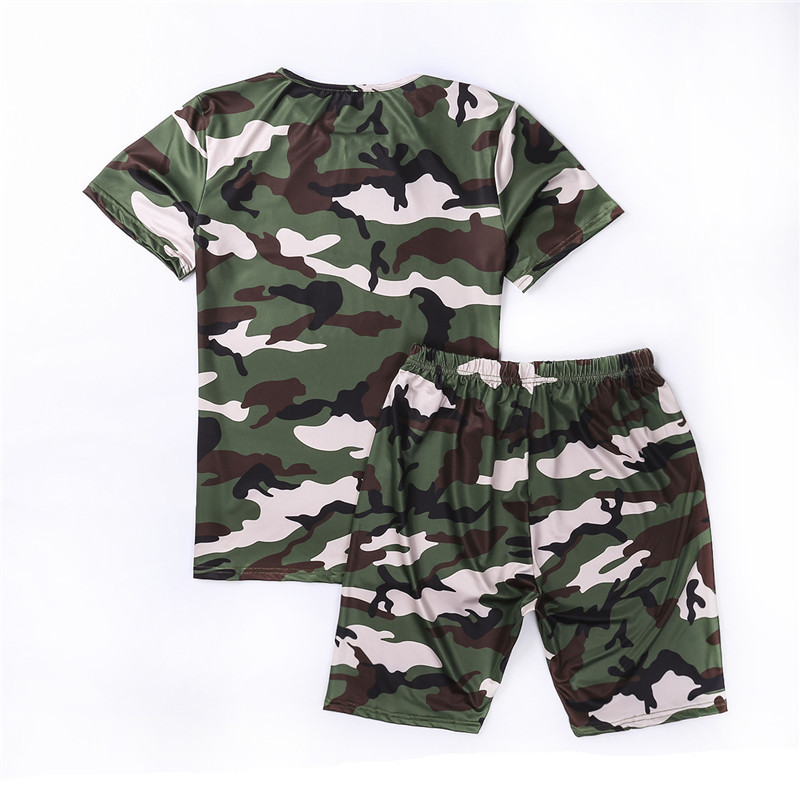 Women's Two Piece Pants Women Casual Two-Piece Clothes Set Camouflage Printed Pattern Short Sleeve Top Shorts Blue Army Green Red Lady Shorts Sui