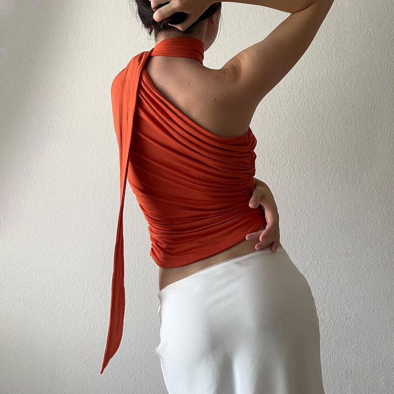 Women's Tanks Camis Cryptographic Irregular Halter Ribbon Sexy Backless Crop Tops for Women Summer Club Party Ruched Tank Top Y2K Sleeveless Eleg