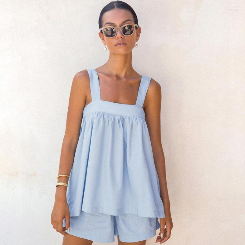 Women's White Cotton Pama Set Sleeveless Tank Top & Shorts - Casual Loungewear For Home B4