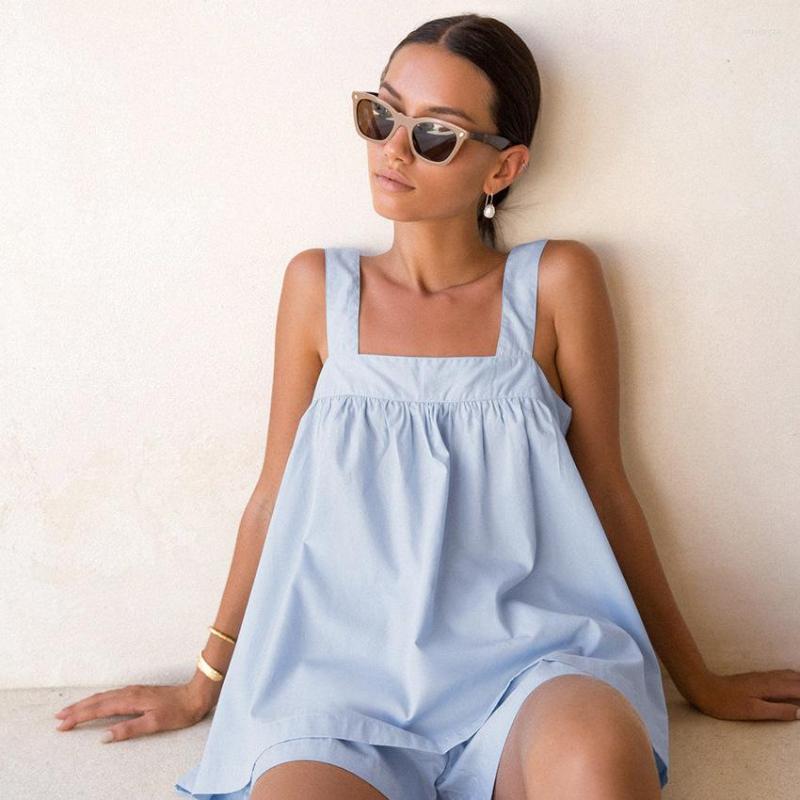 Women's White Cotton Pama Set Sleeveless Tank Top & Shorts - Casual Loungewear For Home B4