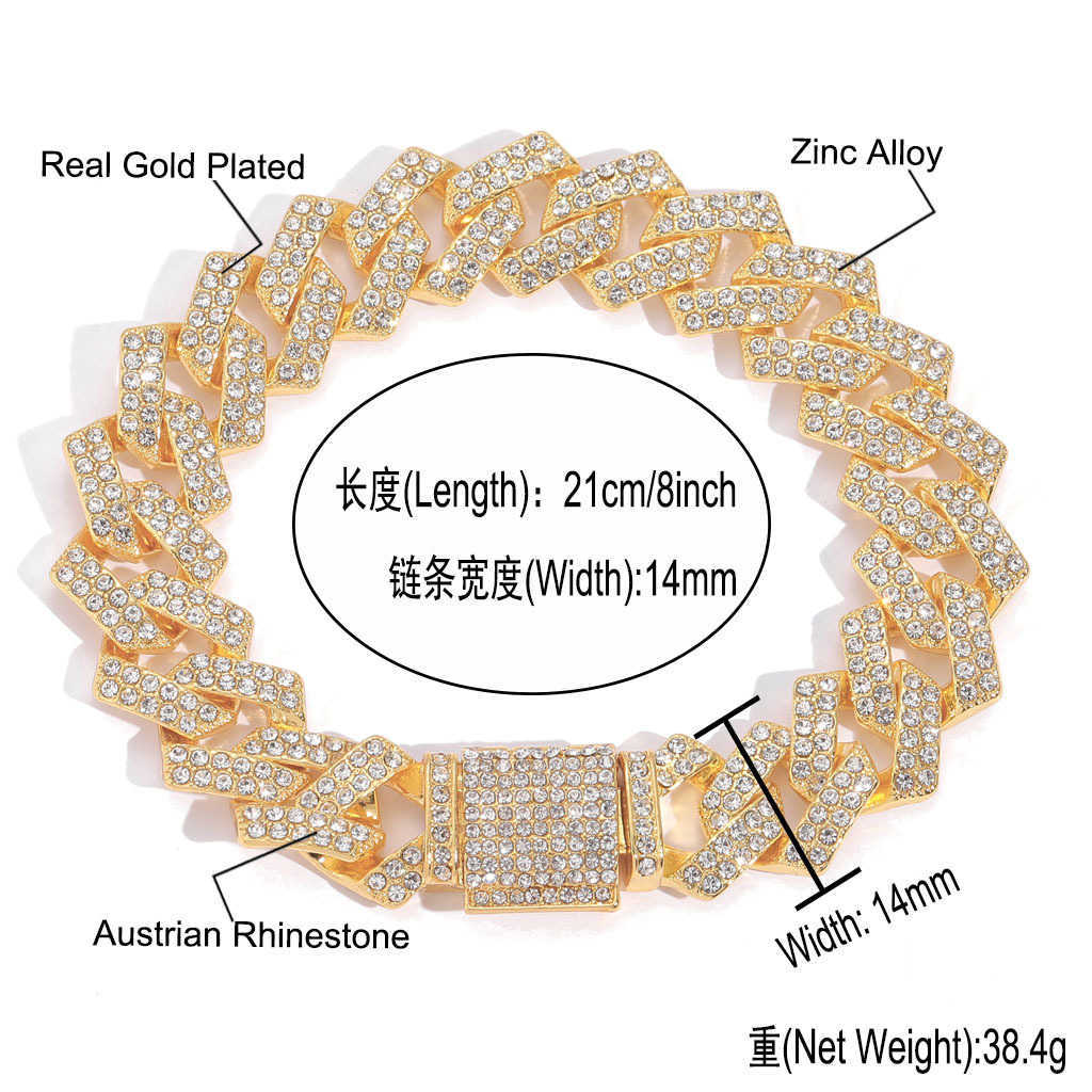 14mm Diamond Cuban Link Chain Bracelet / Necklace Popular Wolf Tide Jewelry Men's Pink Rhinestone Full Hip Hop 18K Gold Plated Bling Miami Curb C