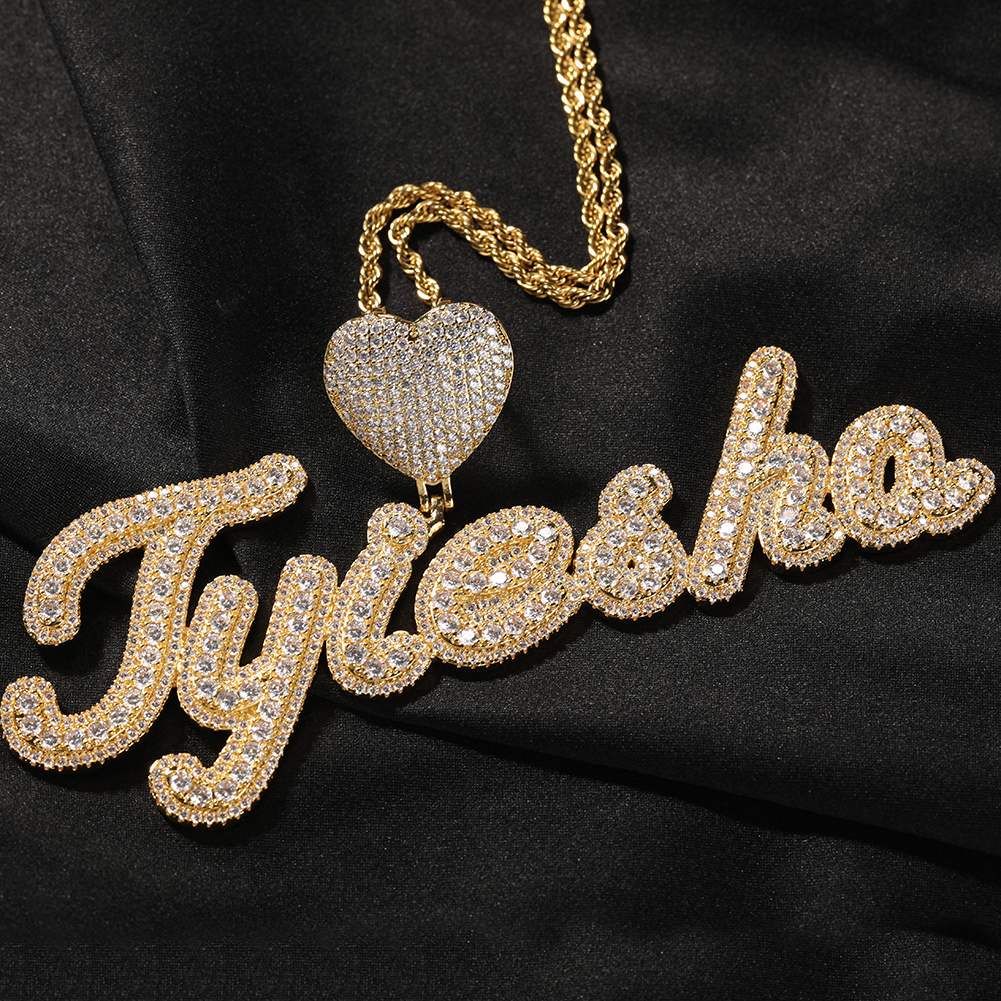 Charms THE BLING KING Heart Bail Custom Brush Script Bubble Letter Two Tone Pendant Micro Paved CZ Personalized Necklace Hiphop Jewelry 230706