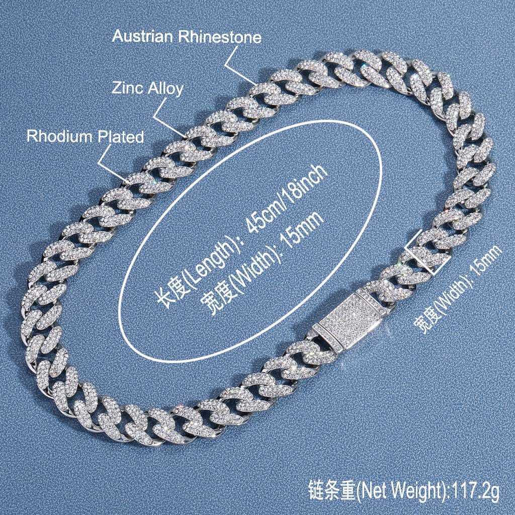 New in Hip Hop 15mm Three Row Diamond Cuban Chain Necklace Full Personality Trendsetter Men's Collar Rose Gold Iced Rhinestone Curb Chains Collie