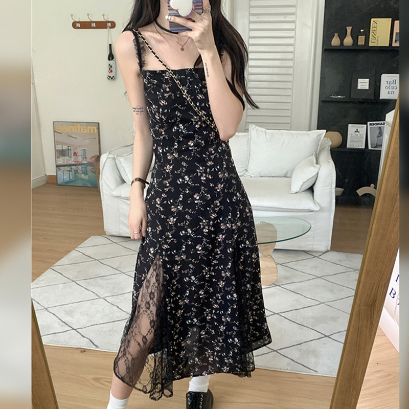 Urban Sexy Dresses Vintage Y2k Black Floral Dress Women Korean Style Mesh Irregular Spliced Hollow Lace Long Dress Summer Chiffon Fairy Dress 27729 23