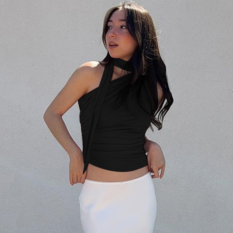 Women's Tanks Camis Cryptographic Irregular Halter Ribbon Sexy Backless Crop Tops for Women Summer Club Party Ruched Tank Top Y2K Sleeveless Eleg
