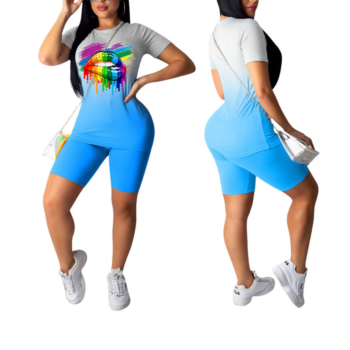Women's Two Piece Pants Summer Gradient Sports Suits Women Sets Casual Lips Print Short Sleeve TopsShorts Female 2Pcs/Sets Tracksuits Workout Clo