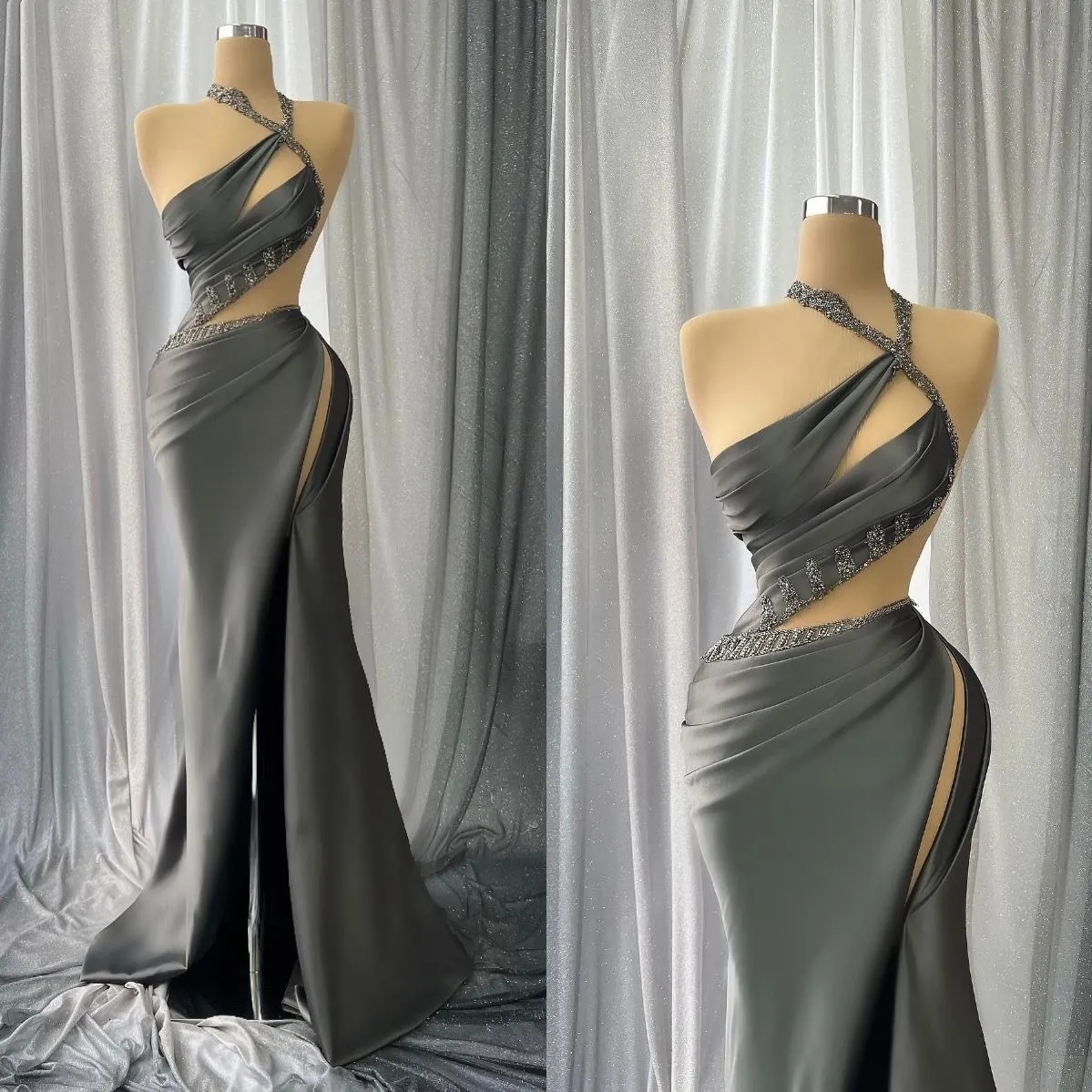 Sexy Gray Satin Mermaid Prom Dresses Hlater Neck Sequins Front Split Formal Evening Ocn Gowns Vestidos De Novia
