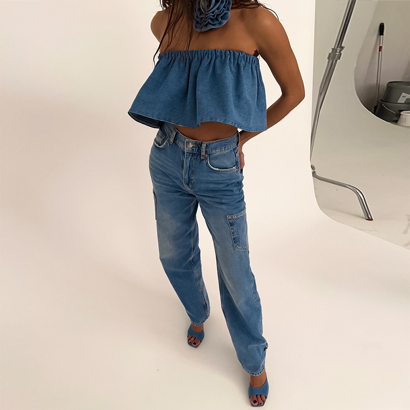 Women's Tanks Camis Echoine Elastic Strapless Crop Top Tube Women Party Club Denim Jeans Tops with Follower Summer Y2K Fashion Streetwear 230706