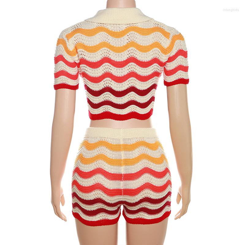 Womens Tracksuits Women Wave Print 2 Piece Set Colorful Knit Stretch Thin Button Crop Tops Shorts Matching Tracksuit Streetwear Outfits
