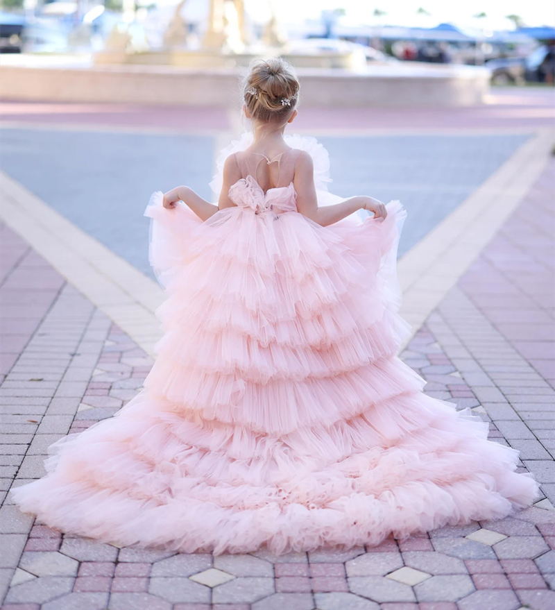 Lovely Pink High Low Girls Pageant Dresses O Neck Ruffles Tiere Kids Prom Party Gown Black Bow Tie Belt Layered Kids Celebrity Dress