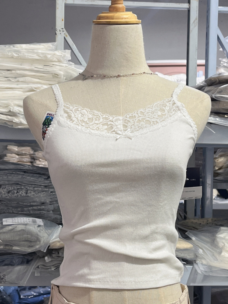 Women's Tanks Camis Vintage Lace Trim Bow Tank Tops Casual Cute Black Ribbed Cotton Slim Sleeveless Camis Female Sweet Y2k Fairycore Summer Crop 