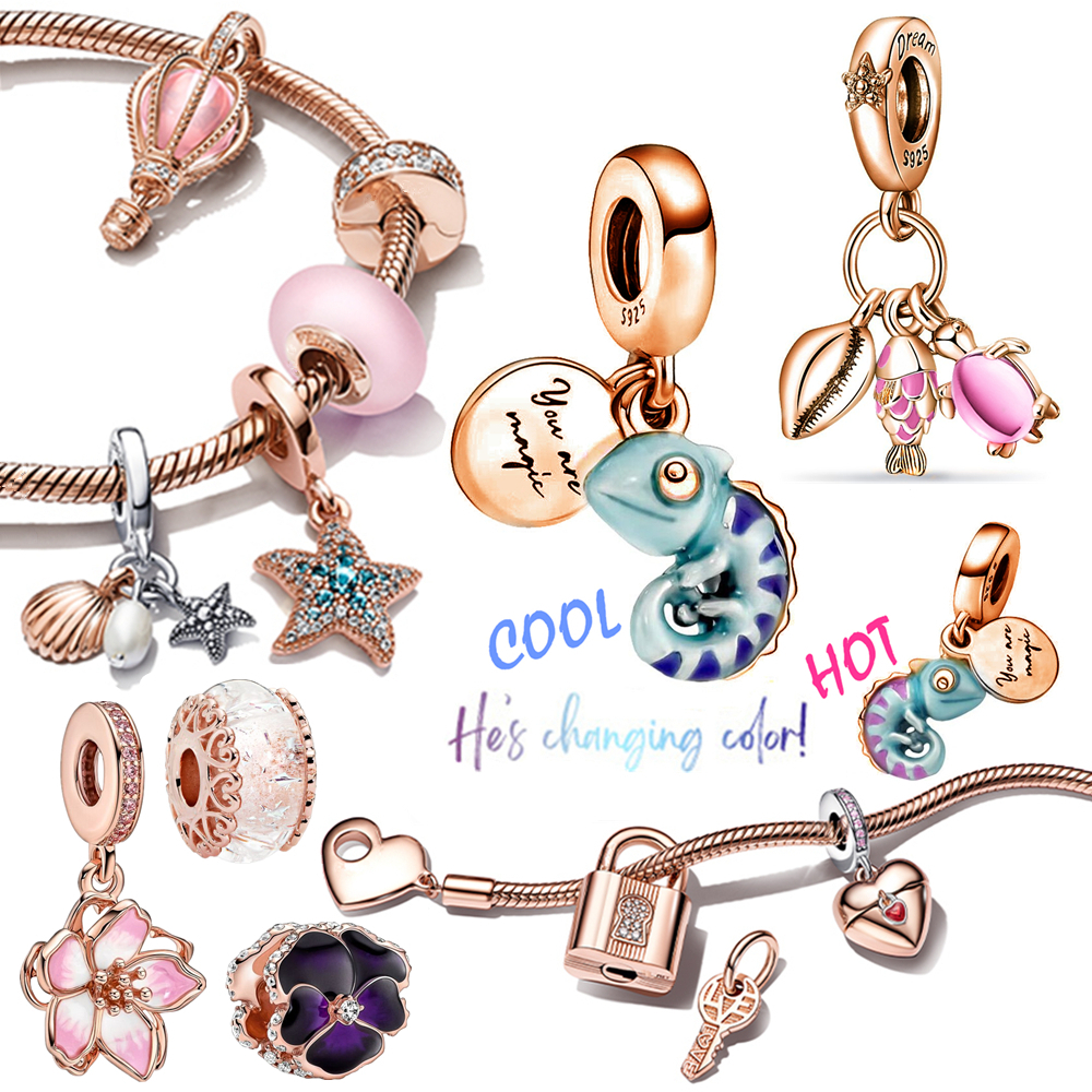 925 Sterling Silver New Rose Gold Couple Diy Bracelet Pendant Charm Fashion Women Charm Beads Suitable for Bracelets and Bracelets, Exclusive for Wome