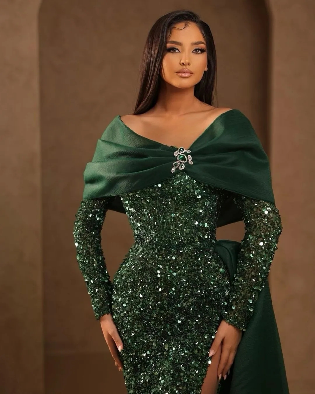 Hunter Green Party Celebrity Side High Split Evening Dresses Sexy Sequined Prom Gown Dubai Arabic Robe De Soiree