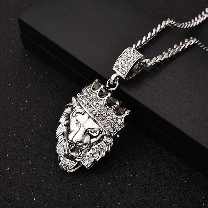 18k Real Gold Diamond Lion With Crown Head Hip Hop Pendant Necklace Hiphop Yellow Iced Out 5A Cubic Zirconia Gemstone Wolf Tide Jewelry Gifts For Men 
