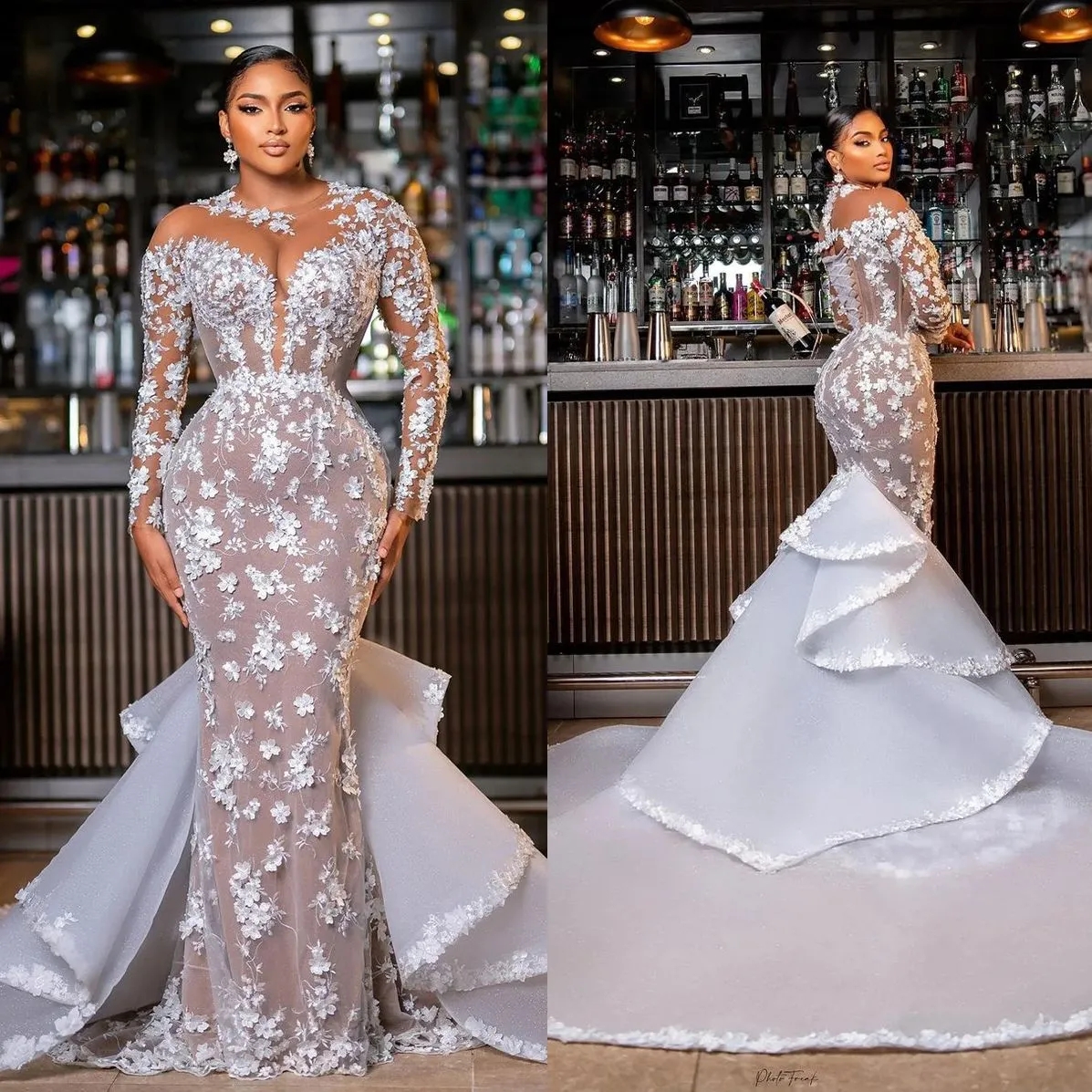 Elegant Mermaid Wedding Dresses Full Sleeve Flowers Applique Vestido De Noiva Custom Made Long Train Bridal Party Gowns