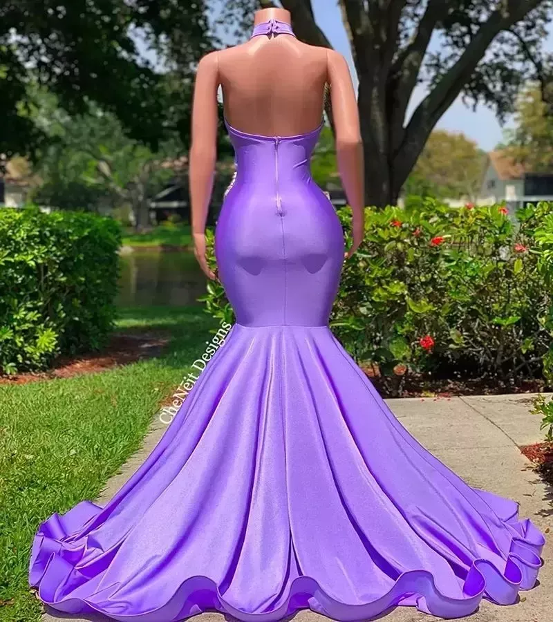 Crystal Purple Mermaid Prom Dresses Halter Backless Long Evening Dress Black Girls Beaded Party Wear Robe Soiree Vestidos De Noche Abaya Bc15309