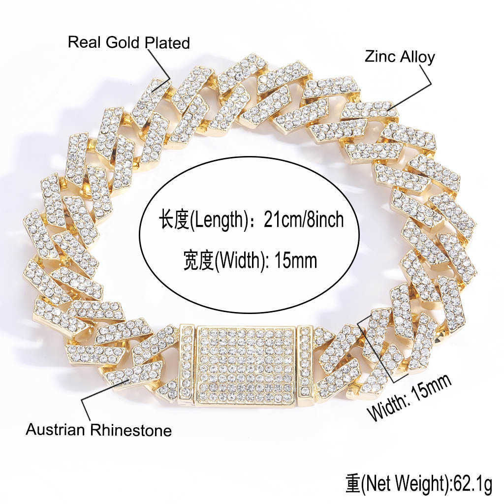 Hip Hop 15mm Diamond Cuban Link Chain Necklace Alloy Men's Cool 18k Gold Crystal Bijoux 18K Plated Iced Out Stone Curb Chains Collar Miami Street