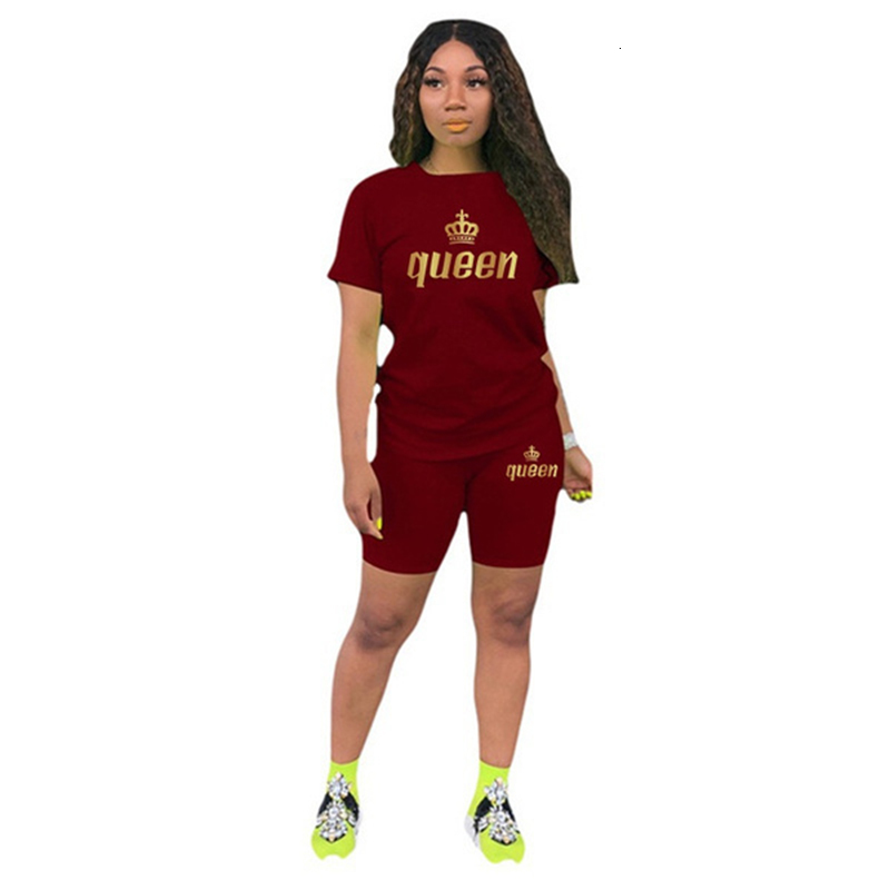 Women's Two Piece Pants est Queen Printed Women Solid Sport Quick Dry T Shirt Set Casual Two Piece Set Short Sleeve Tee Top Biker Shorts 230707