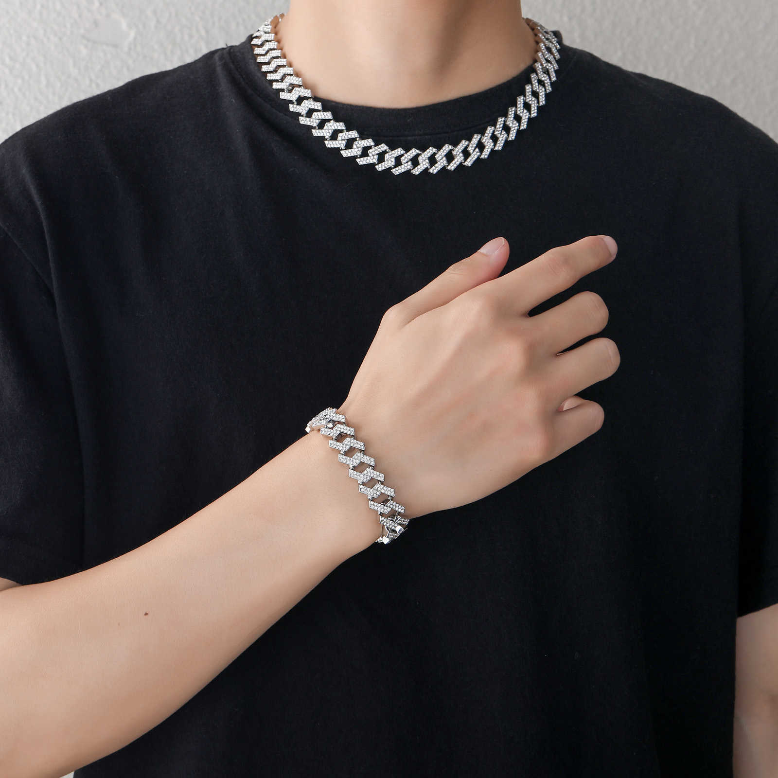 Hip Hop 15mm Diamond Cuban Link Chain Necklace Alloy Men's Cool 18k Gold Crystal Bijoux 18K Plated Iced Out Stone Curb Chains Collar Miami Street