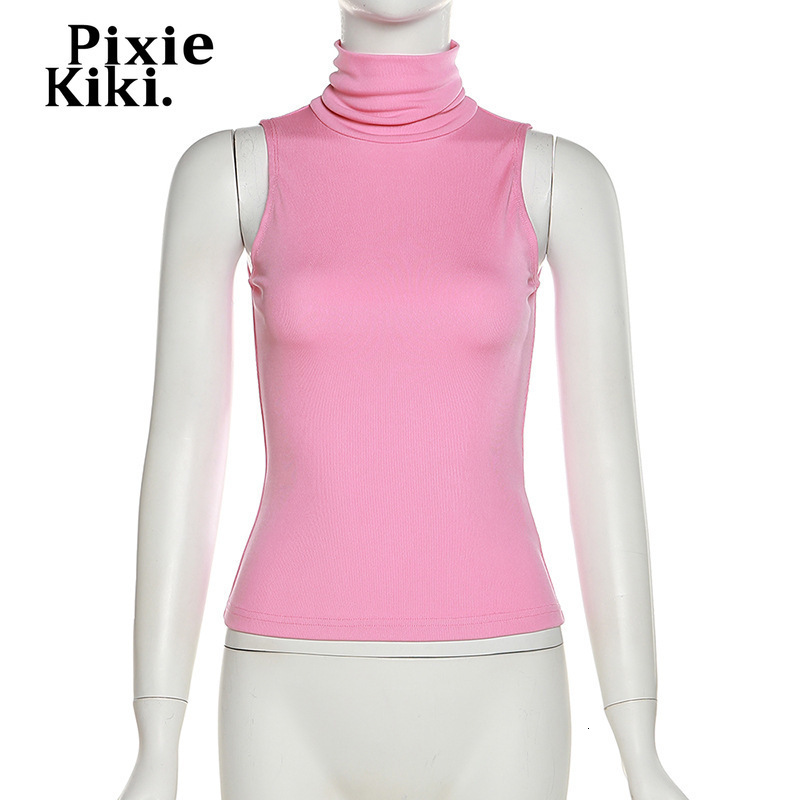 Women's Tanks Camis PixieKiki Y2k Girls Pink Rib Knit Top Turtleneck Sleeveless T Shirts Streetwear Women Cute Sexy Cropped Tank Tops P71-AE14 23