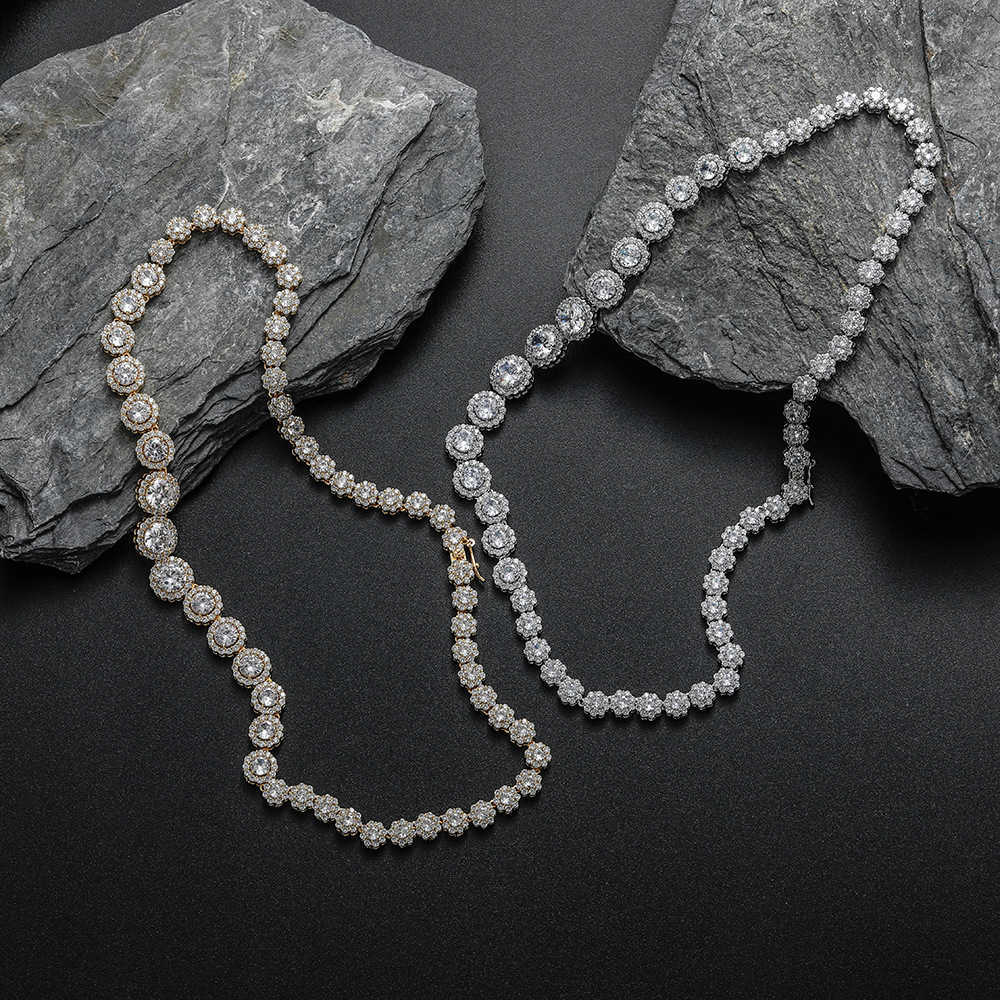7-12mm Wide Gradual Size Flower Shape Circular Mix And Match Zircon Tennis Necklace Hip Hop Couple Male Female Silver Color Aesthetic Wolf Tide Jewelr