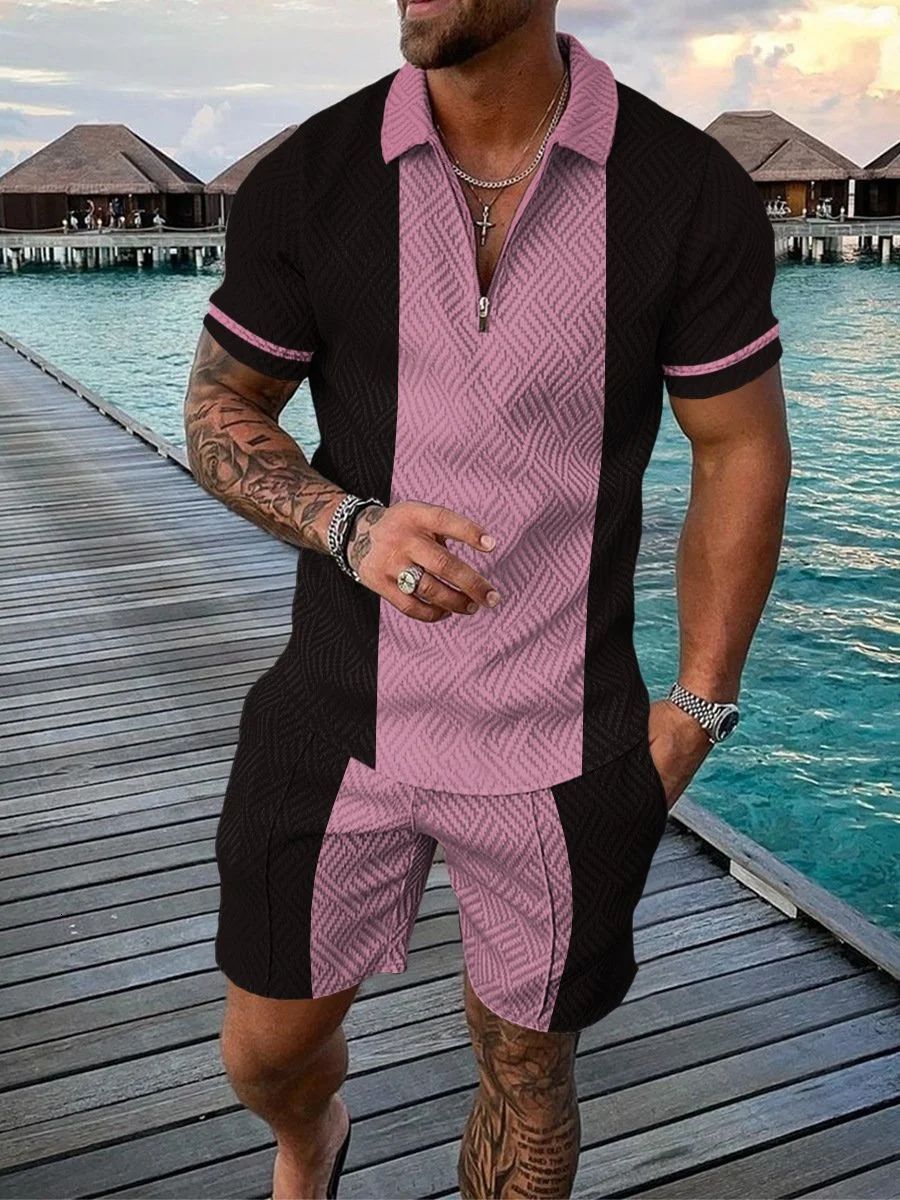 Men's Tracksuits Summer Men Tracksuit Polo Shirt Shorts Set Curve Line Beach Trun Down Collar Zipper Suit Oversized Casual Outfit Streetwear Blue
