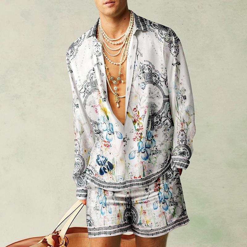 Men's Tracksuits Fashion 3D Print Two Piece Set Men Long Sleeve Lapel Shirts And Shorts Casual Loose Suits Summer Hawaiian Beach Outfits Male 230