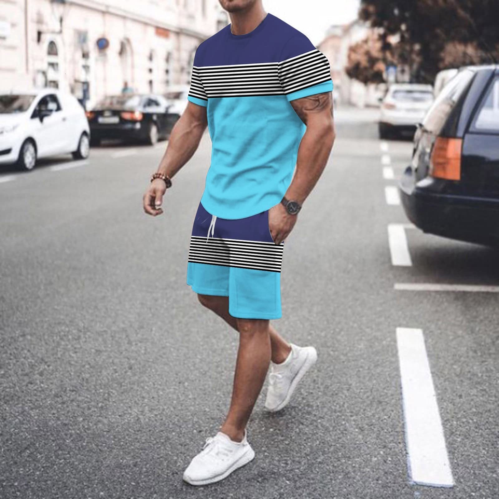 Mens Tracksuits Summer Oneck sportswear fashion simple suit in stripes 3d Tshirt printed mens Casual Street menswear 230707