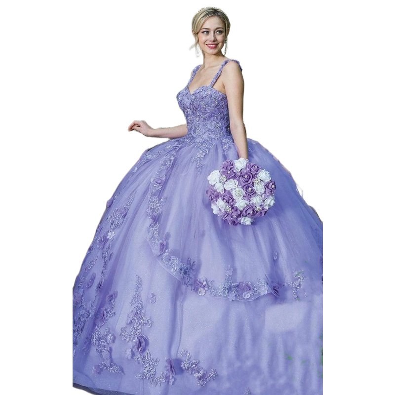 Lavender Princess Quinceanera Dresses With Flowers Lace Appliques Straps Sweetheart Ball Gown Tulle Prom Brithday Sweet 15 Party Dress For Girls Custo