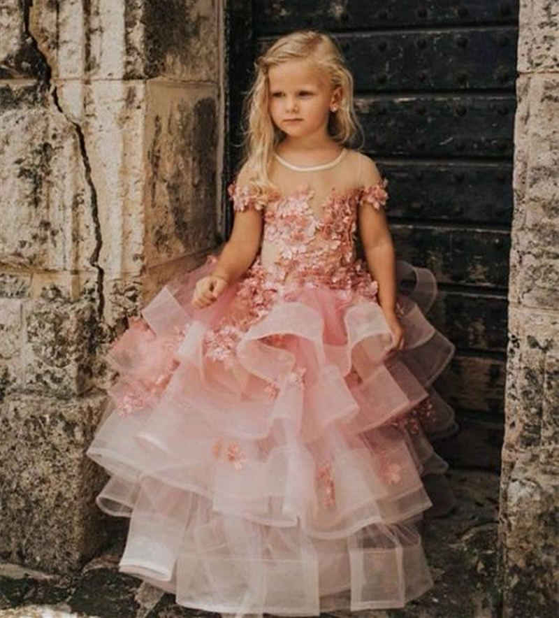 Pretty Baby Pink Flower Girls Dresses Floral Lace Appliques Ruffles Tiered Organza Wedding Party Gowns Child Kids Short Sleeves Brithday Party Dress C
