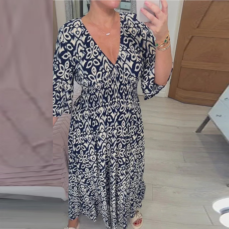 Urban Sexy Dresses Summer Elastic Waist Long Dress Casual V-neck Short Sleeve Loose Party Dress Women Pattern Printed Bohemian Beach Dress 230707