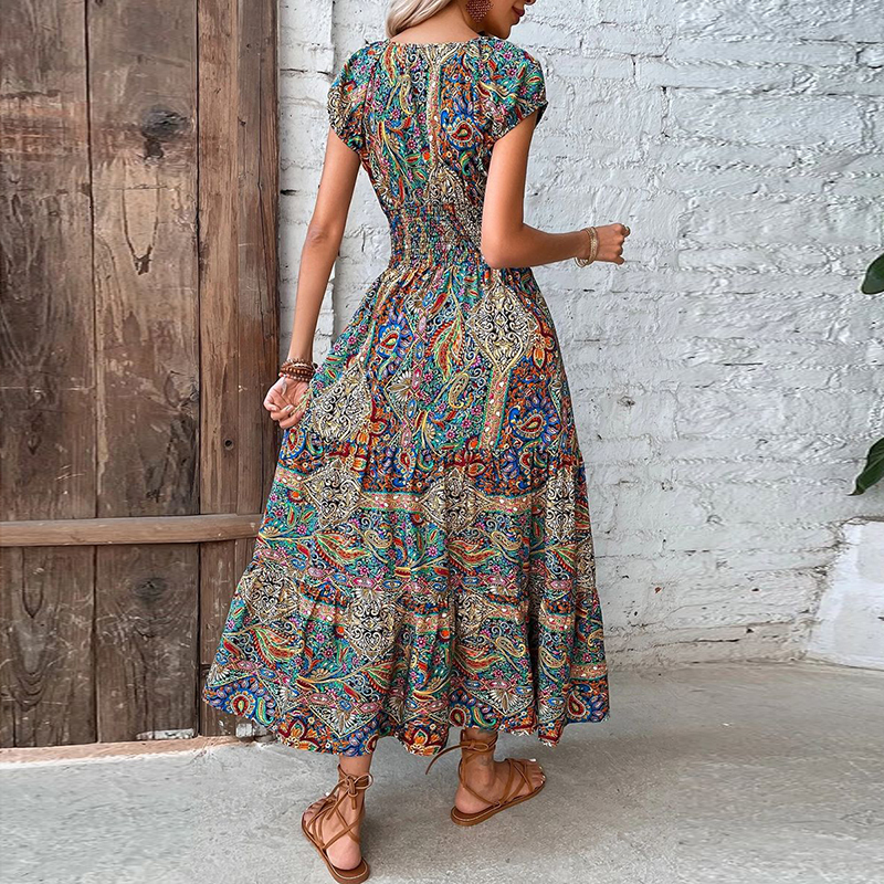 Urban Sexy Dresses Women Vintage Print Maxi Dresses Summer Casual V Neck Short Sleeve Elastic Waist Dress Female Boho Beach Big Swing Long Dresses 230