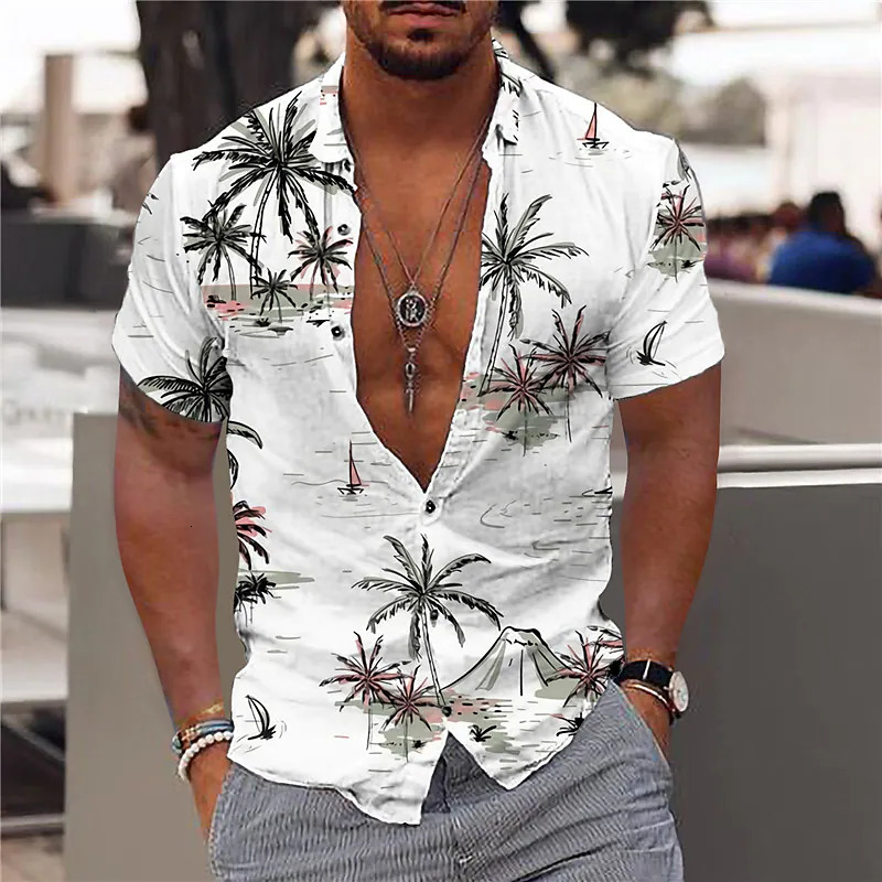 Men's Dress Shirts Cotton Coconut Tree Beach Vacation Party Shirt Summer Hawaiian Casual Fashion Street Short Sleeves 230707