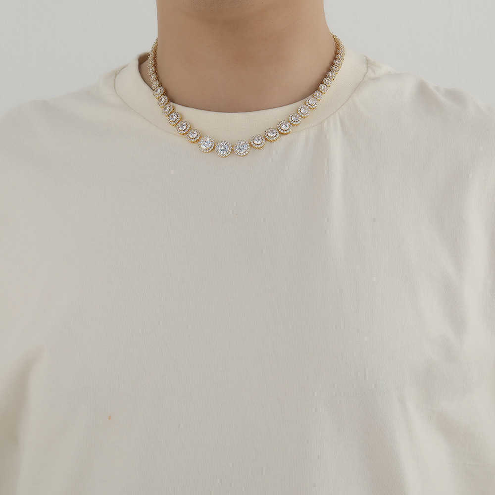 7-12mm Wide Gradual Size Flower Shape Circular Mix And Match Zircon Tennis Necklace Hip Hop Couple Male Female Silver Color Aesthetic Wolf Tide Jewelr