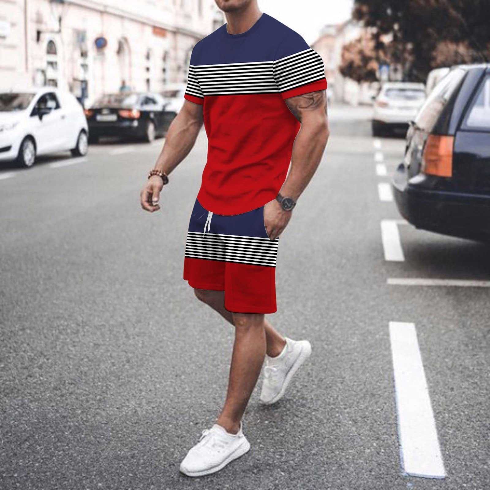 Mens Tracksuits Summer Oneck sportswear fashion simple suit in stripes 3d Tshirt printed mens Casual Street menswear 230707