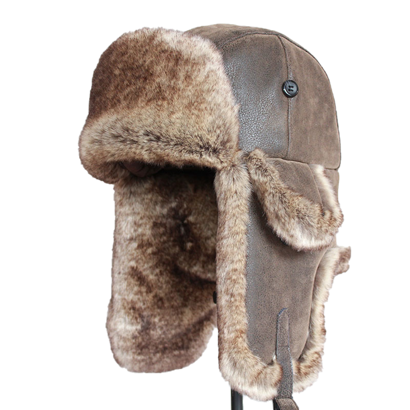 Bomber Hats Winter Men Warm Russian Ushanka Hat with Ear Flap Pu Leather Fur Trapper Cap Earflap D19011503