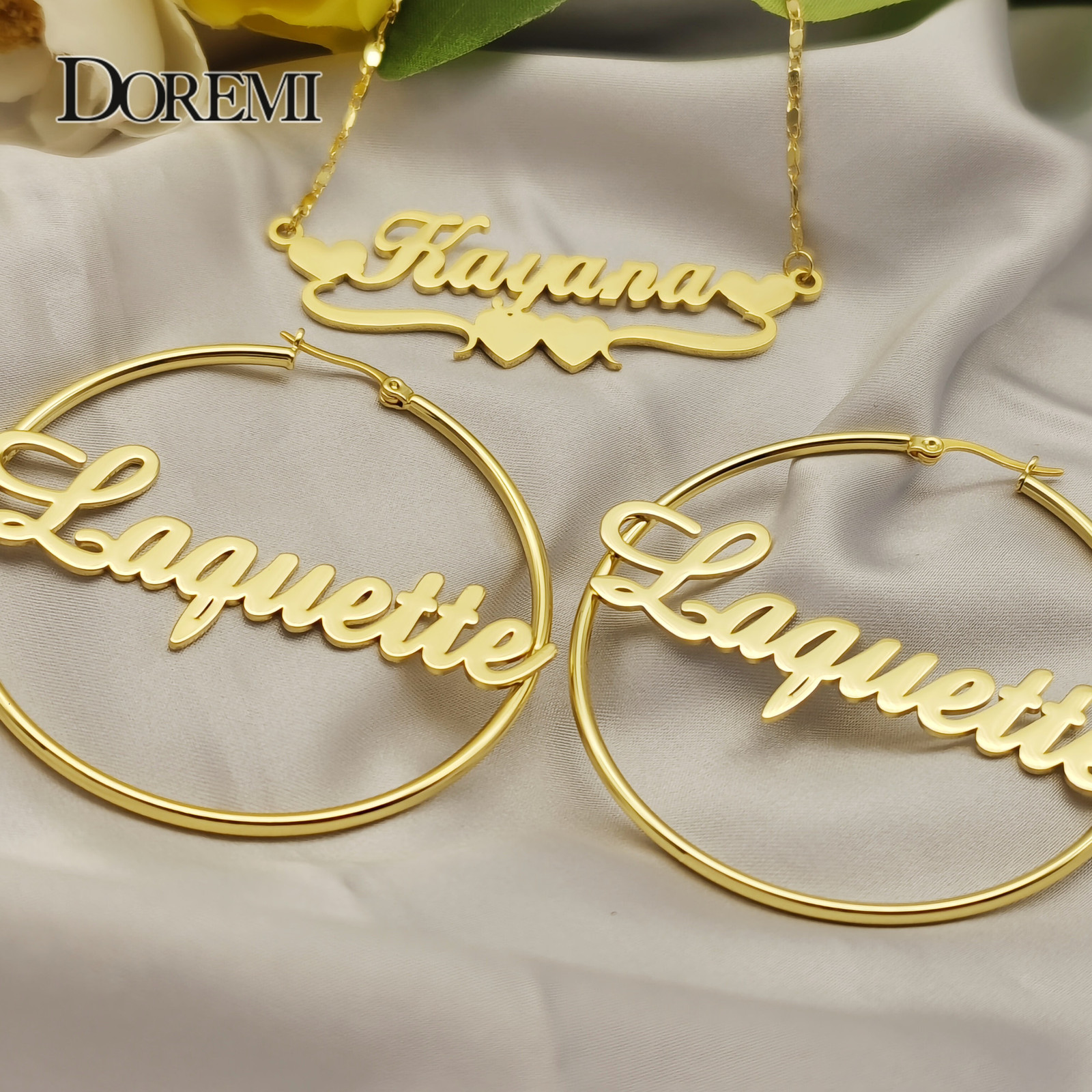 Hoop Huggie DOREMI One Name Earrings and Necklace set Tile Chain Round Regular Hoops Custom Letter Personalized 230707