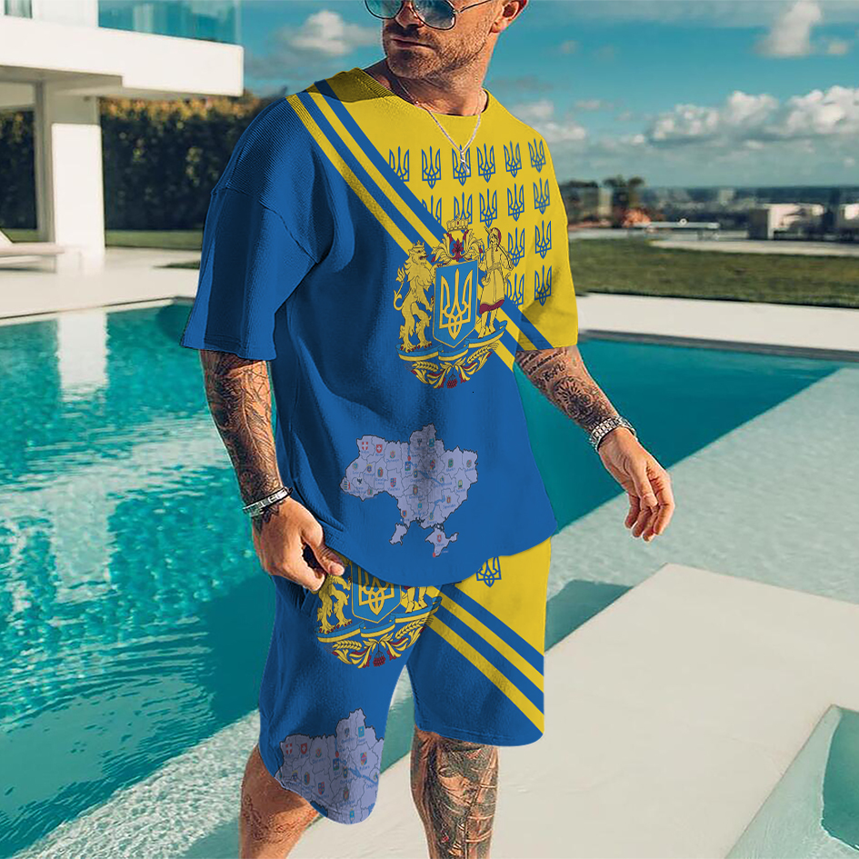 Men's Tracksuits Summer Ukraine National Emblem 2 Piece Sets Tracksuit Men's Oversized Clothes Beach Style 3D Printed Men Suit Tshirt Shorts