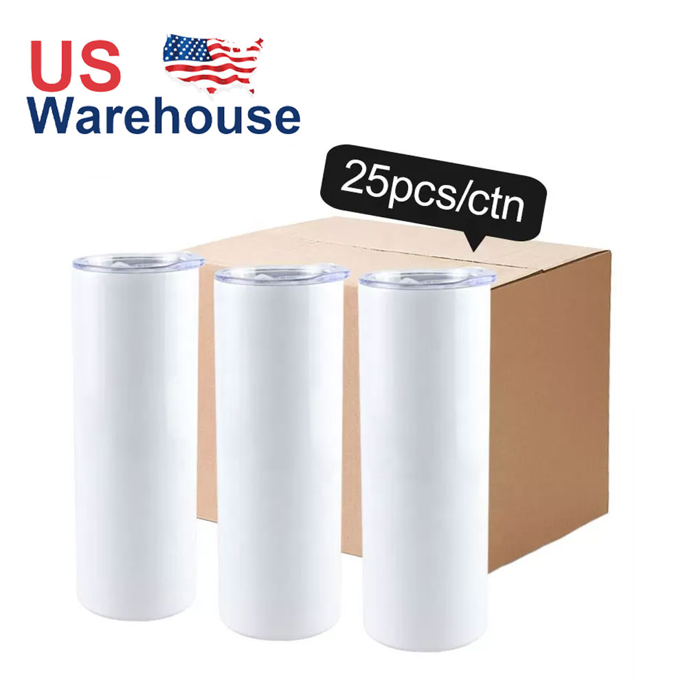 USA Warehouse Double Walled Insulated 20oz Straight White Blank Sublimation Tumblers Thermos Water Bottles Mugs With Plastic Straw Sep04
