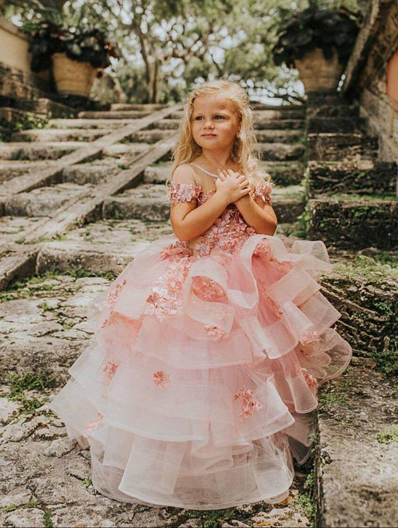 Pretty Baby Pink Flower Girls Dresses Floral Lace Appliques Ruffles Tiered Organza Wedding Party Gowns Child Kids Short Sleeves Brithday Party Dress C