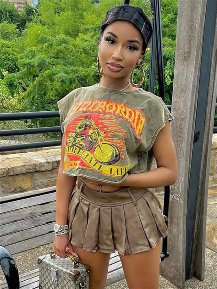 Women's TShirt 2023 y2k Clothes for women Streetwear Gray O Neck T Shirts Casual Print graphic Crop Tops Sleeveless Green Tees Summer 230707