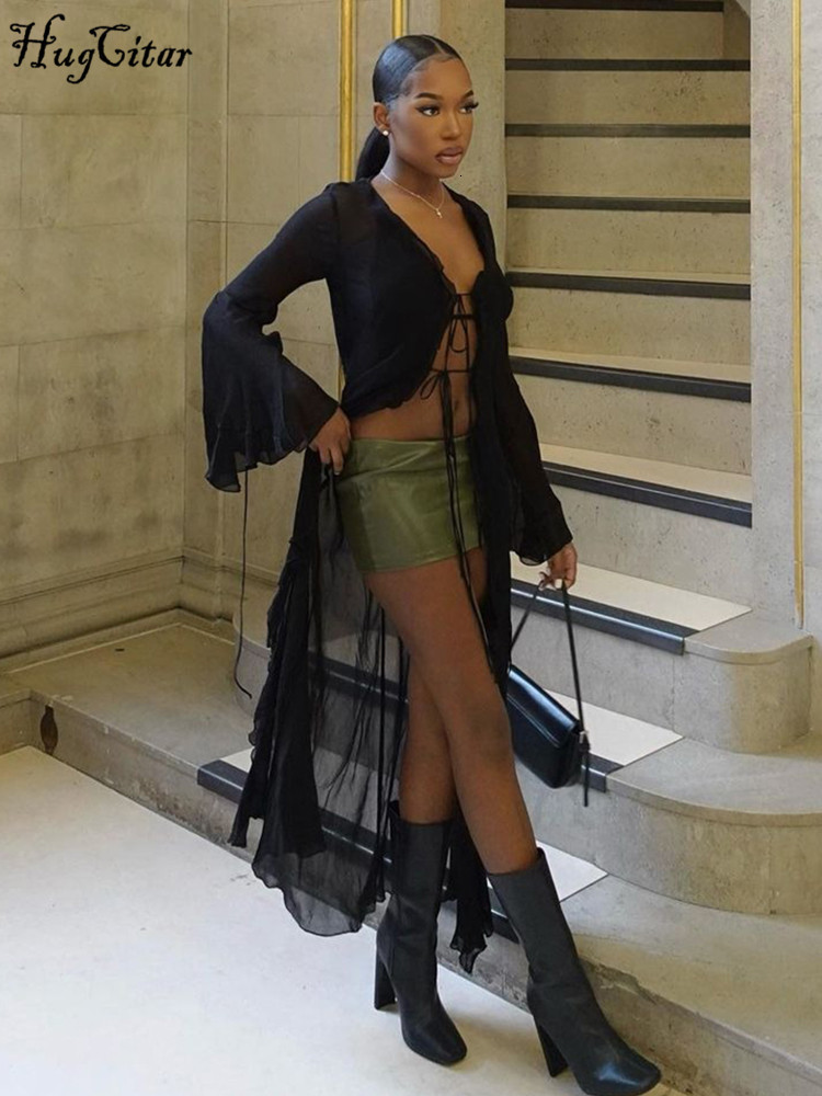 Urban Sexy Dresses Hugcitar Mesh Long Sleeve Black See Through Cardigan Lace Up Sexy Midi Dress Summer Women Fashion Beach Party Club Outfit 230707