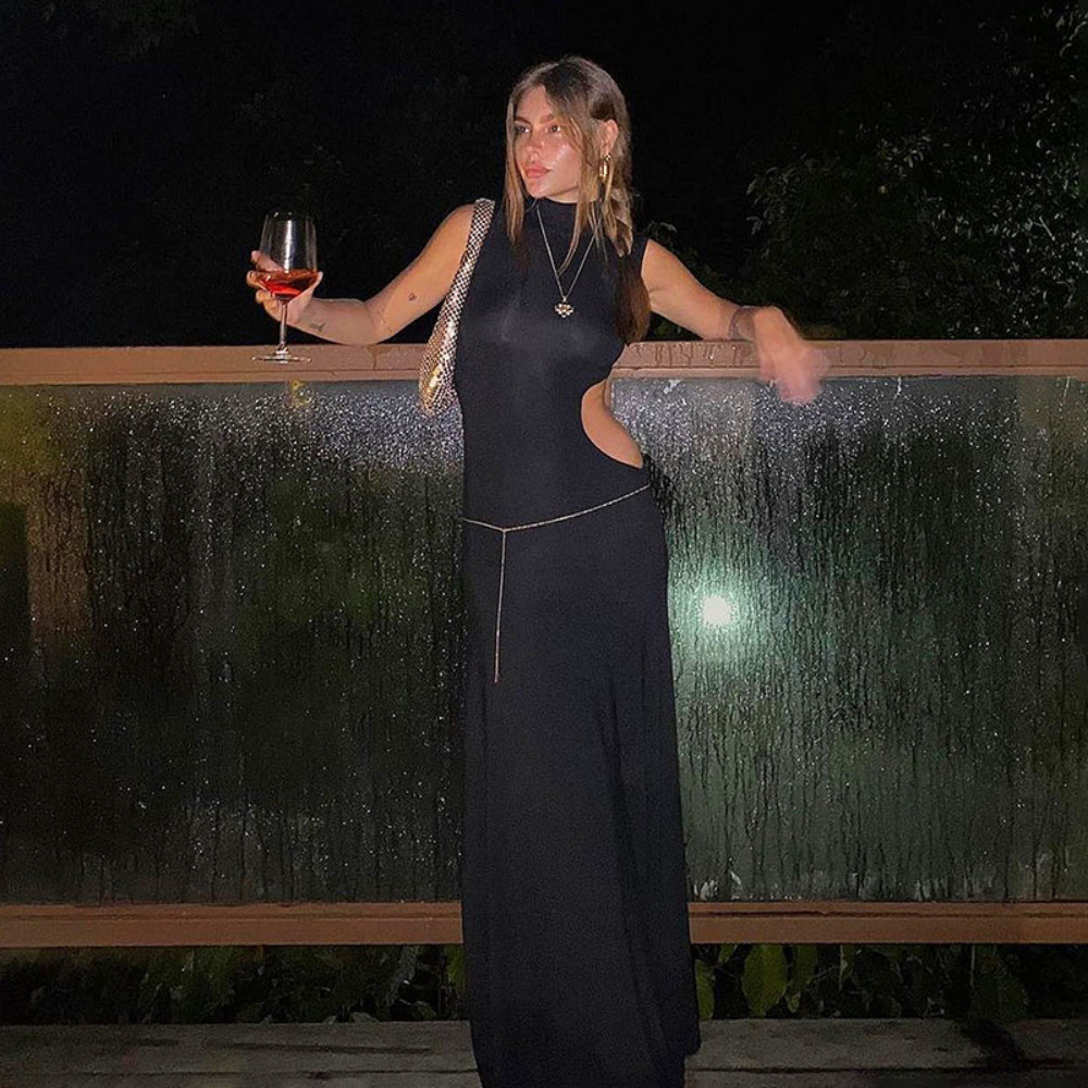 Urban Sexy Dresses Black Hollow Out Long Dress Summer Women Sexy Sleeveless Bodycon Dress Elegant Fashion Maxi Evening Party Dresses 230707