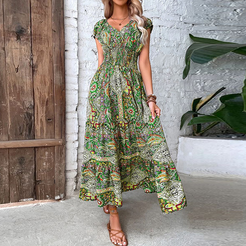 Urban Sexy Dresses Women Vintage Print Maxi Dresses Summer Casual V Neck Short Sleeve Elastic Waist Dress Female Boho Beach Big Swing Long Dresses 230