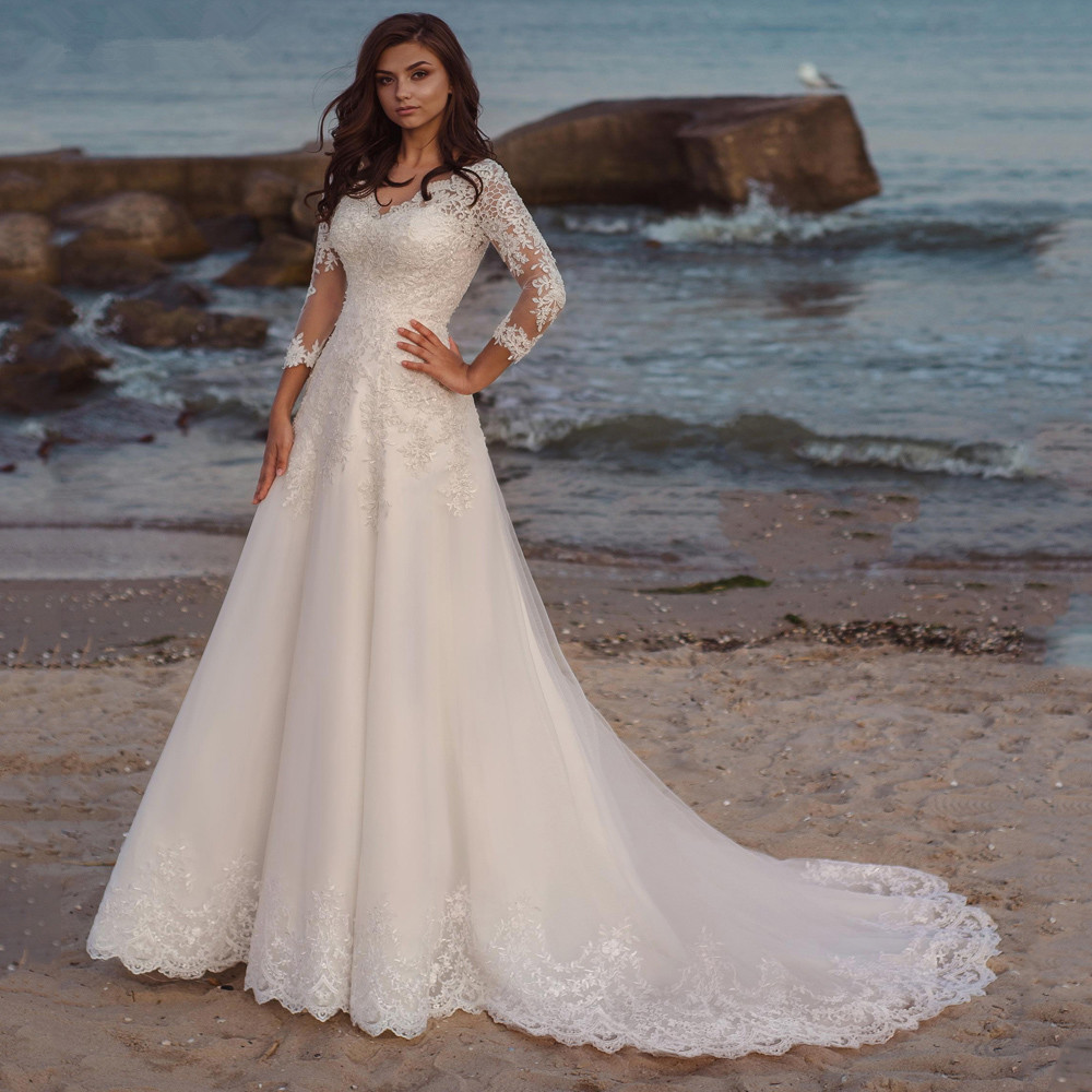 Eleagnt Wedding Dresses Long Sleeves V Neck Lace Appliques Bridal Gown Sweep Train Beach Women Robe De Mariee Summer
